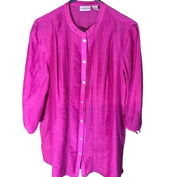 Chicos size 3 = XL 16 Pink button down top blouse 3/4 sleeve pleated silk - Picture 1 of 4